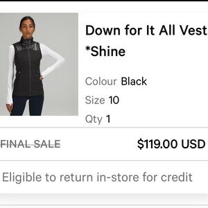 Lululemon down for it all shine vest size 10